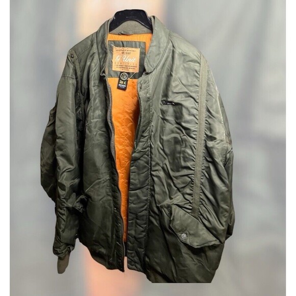 G Unit Mens XL Green Orange Flyers Pockets Full Zip Bomber Jacket Heavyweight - Picture 3 of 7